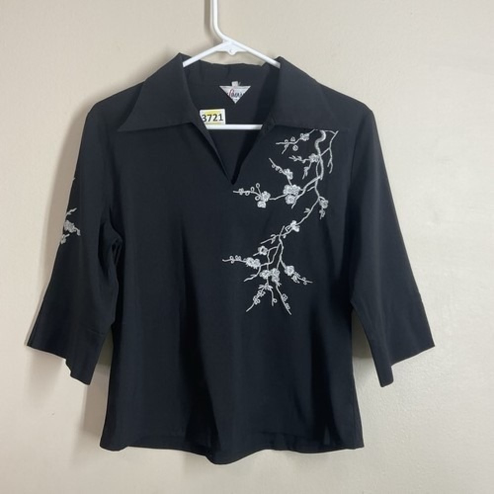 VTG Kliman Black/Silver Cherry Embroidered V-Neck Oriental Asian Blouse Women L